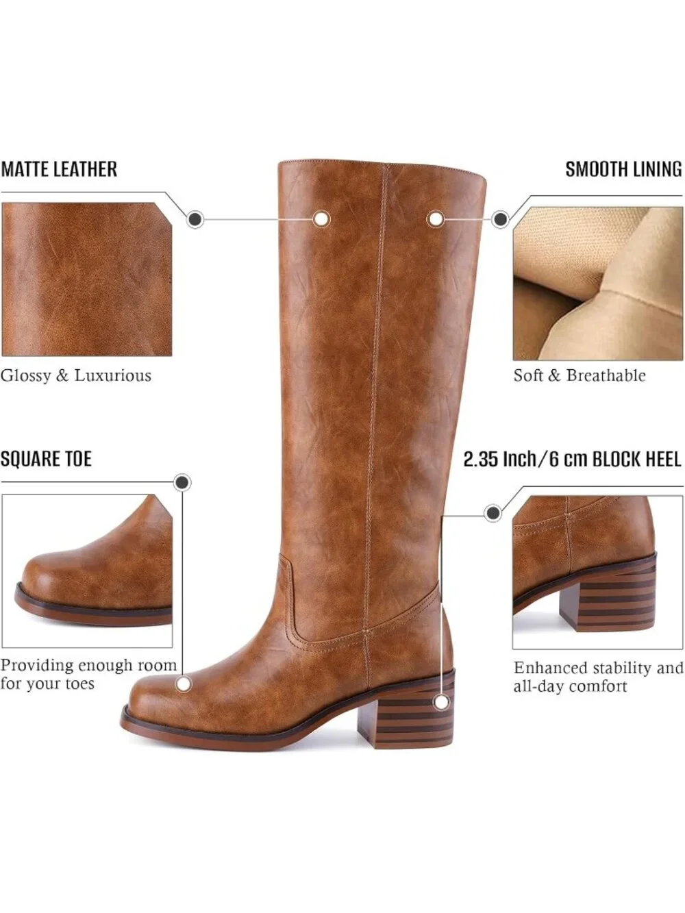 Women's Brown Chunky Block Heel Square Toe Going Out Knee High Riding Boots